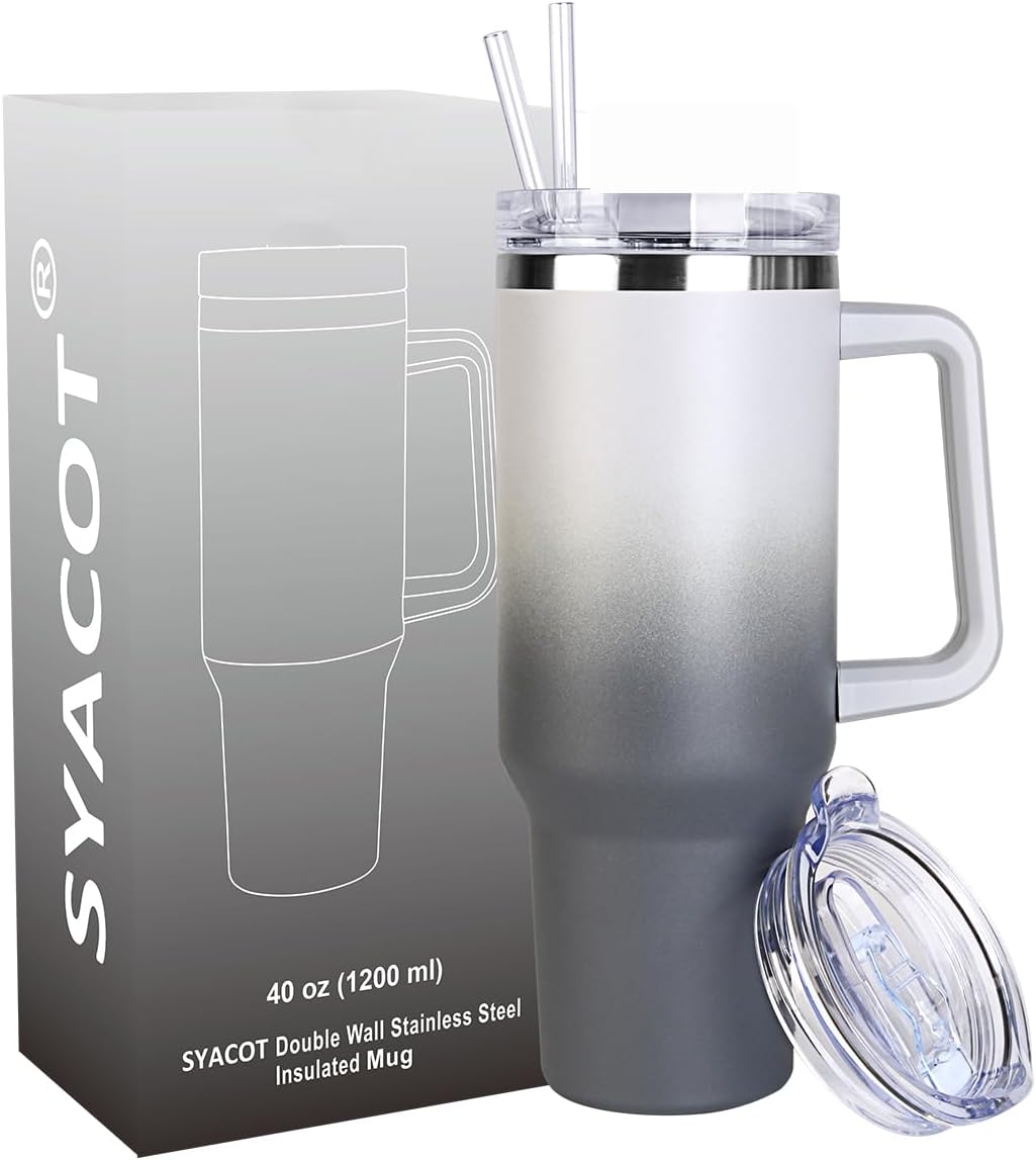 40 oz Tumbler with Handle and Straw Stainless Steel Insulated Tumbler Leak Proof Lid and Straw Lid Reusable Travel Mug Coffee Mug Cup Dishwasher Safe Keep Drinks Cold and Hot (Ceramics)