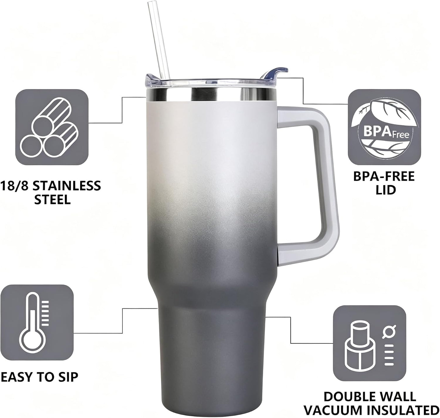 40 oz Tumbler with Handle and Straw Stainless Steel Insulated Tumbler Leak Proof Lid and Straw Lid Reusable Travel Mug Coffee Mug Cup Dishwasher Safe Keep Drinks Cold and Hot (Ceramics)
