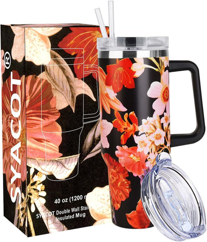 40 oz Tumbler with Handle and Straw Stainless Steel Insulated Tumbler Leak Proof Lid and Straw Lid Reusable Travel Mug Coffee Mug Cup Dishwasher Safe Keep Drinks Cold and Hot (Ceramics)