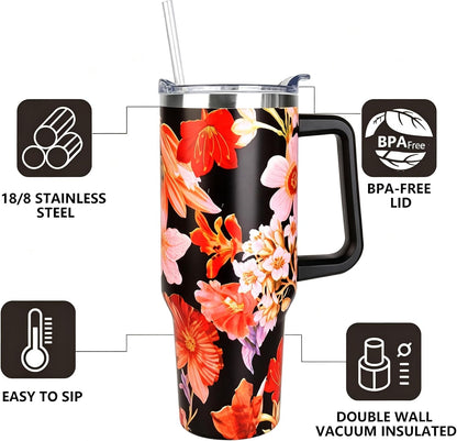 40 oz Tumbler with Handle and Straw Stainless Steel Insulated Tumbler Leak Proof Lid and Straw Lid Reusable Travel Mug Coffee Mug Cup Dishwasher Safe Keep Drinks Cold and Hot (Ceramics)