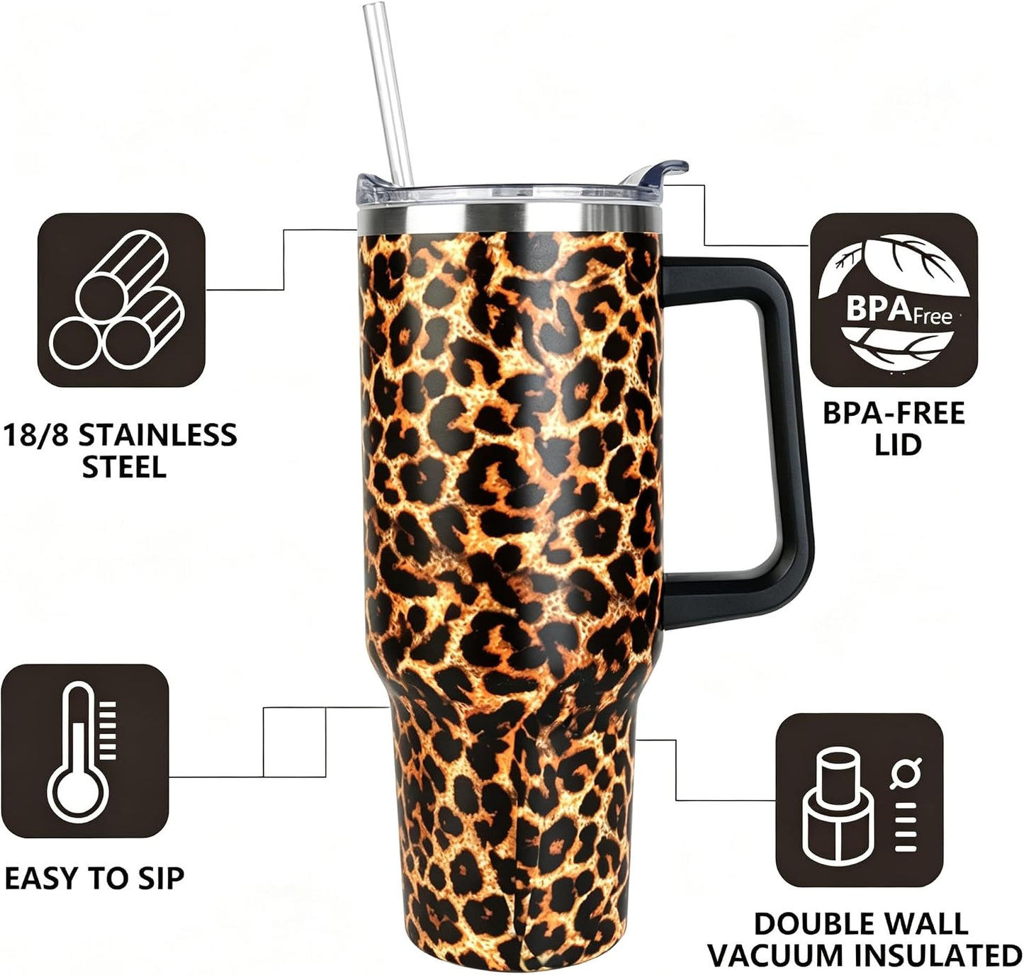 40 oz Tumbler with Handle and Straw Stainless Steel Insulated Tumbler Leak Proof Lid and Straw Lid Reusable Travel Mug Coffee Mug Cup Dishwasher Safe Keep Drinks Cold and Hot (Ceramics)