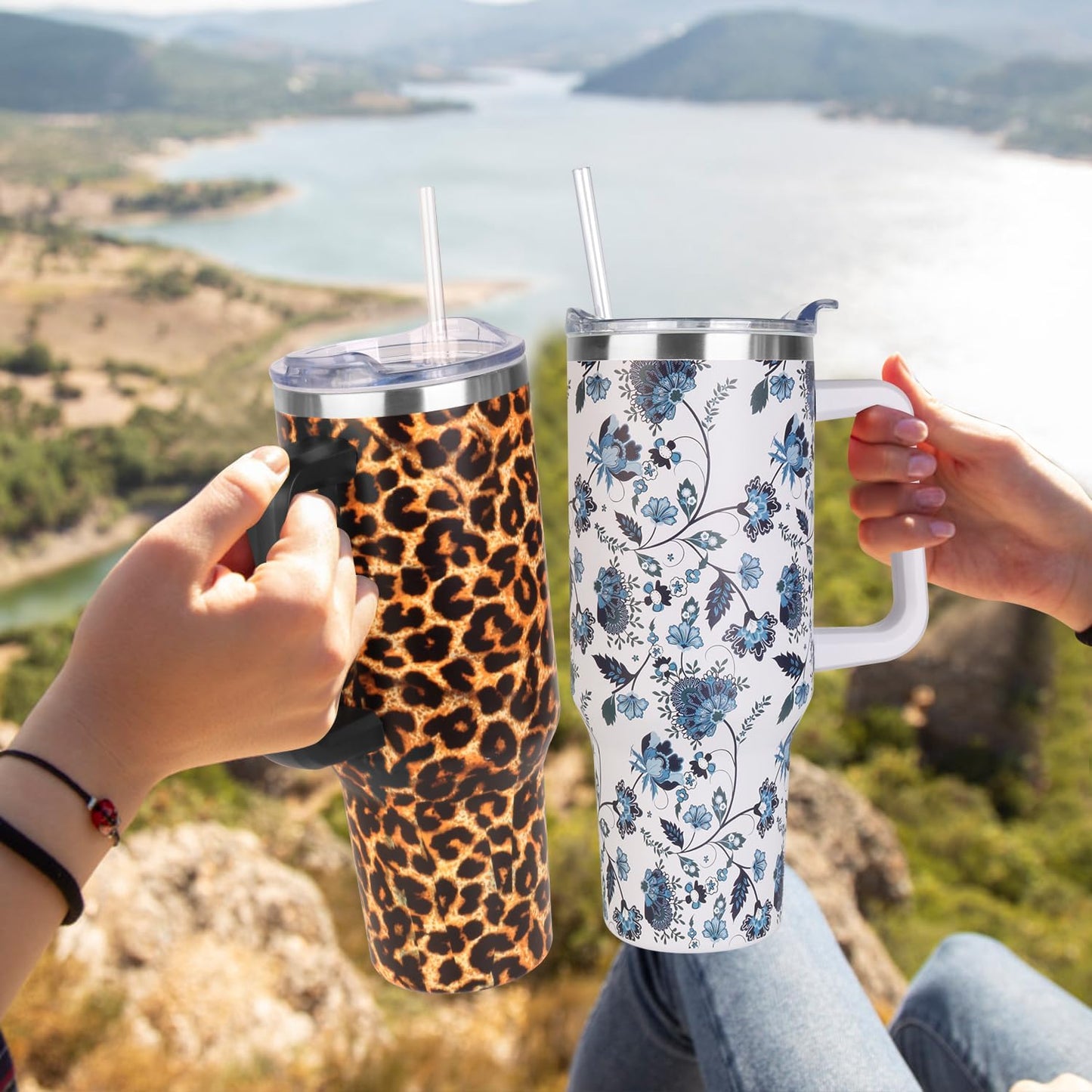 40 oz Tumbler with Handle and Straw Stainless Steel Insulated Tumbler Leak Proof Lid and Straw Lid Reusable Travel Mug Coffee Mug Cup Dishwasher Safe Keep Drinks Cold and Hot (Ceramics)