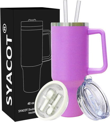 40 oz Tumbler with Handle and Straw Stainless Steel Insulated Tumbler Leak Proof Lid and Straw Lid Reusable Travel Mug Coffee Mug Cup Dishwasher Safe Keep Drinks Cold and Hot (Ceramics)