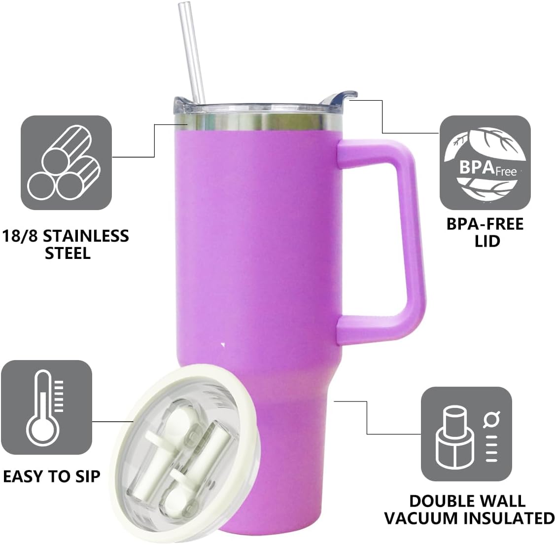 40 oz Tumbler with Handle and Straw Stainless Steel Insulated Tumbler Leak Proof Lid and Straw Lid Reusable Travel Mug Coffee Mug Cup Dishwasher Safe Keep Drinks Cold and Hot (Ceramics)