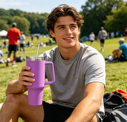 40 oz Tumbler with Handle and Straw Stainless Steel Insulated Tumbler Leak Proof Lid and Straw Lid Reusable Travel Mug Coffee Mug Cup Dishwasher Safe Keep Drinks Cold and Hot (Ceramics)