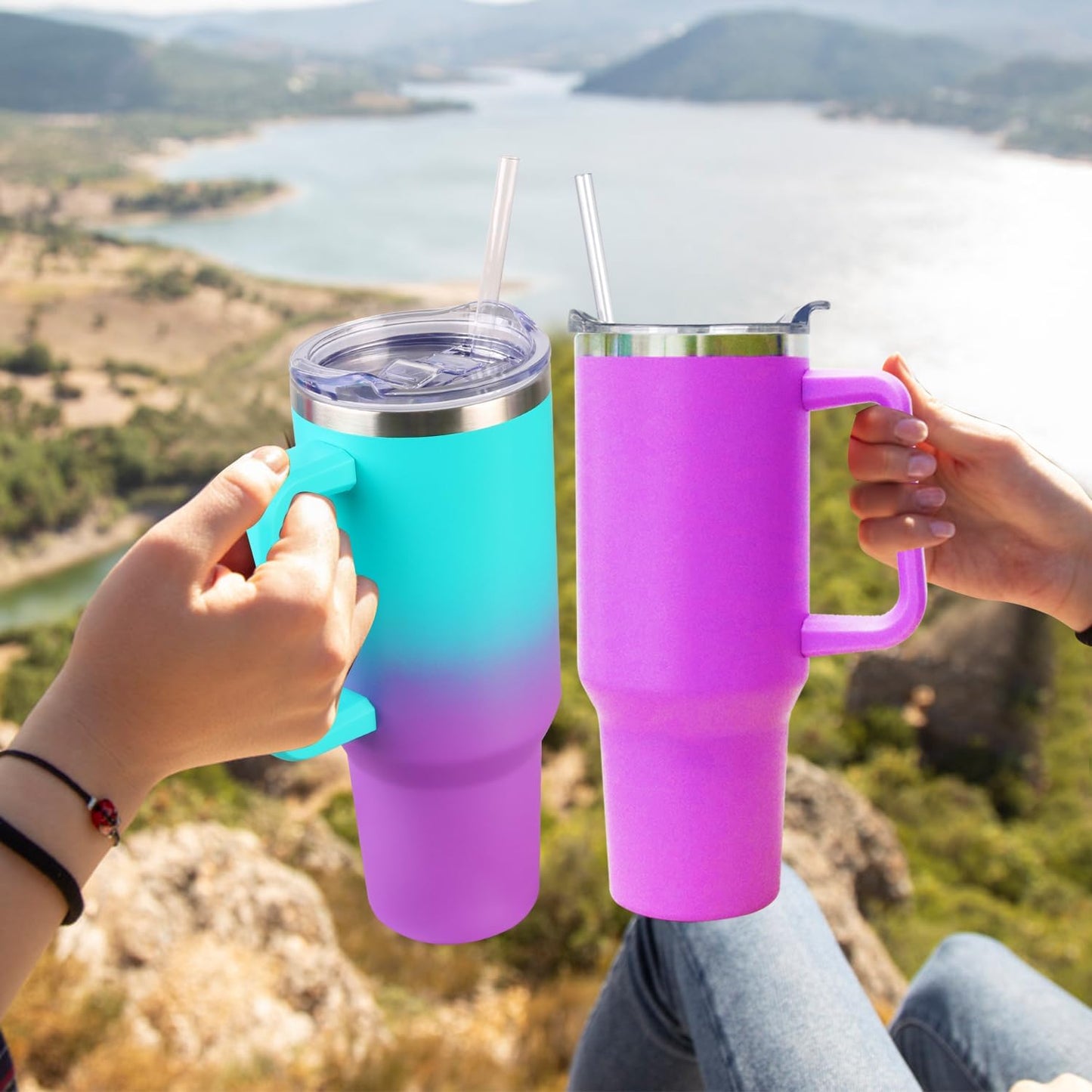 40 oz Tumbler with Handle and Straw Stainless Steel Insulated Tumbler Leak Proof Lid and Straw Lid Reusable Travel Mug Coffee Mug Cup Dishwasher Safe Keep Drinks Cold and Hot (Ceramics)