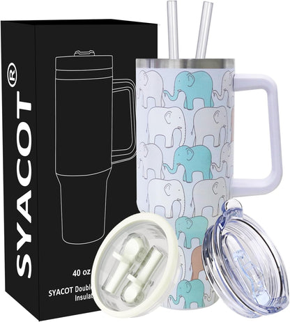 40 oz Tumbler with Handle and Straw Stainless Steel Insulated Tumbler Leak Proof Lid and Straw Lid Reusable Travel Mug Coffee Mug Cup Dishwasher Safe Keep Drinks Cold and Hot (Ceramics)