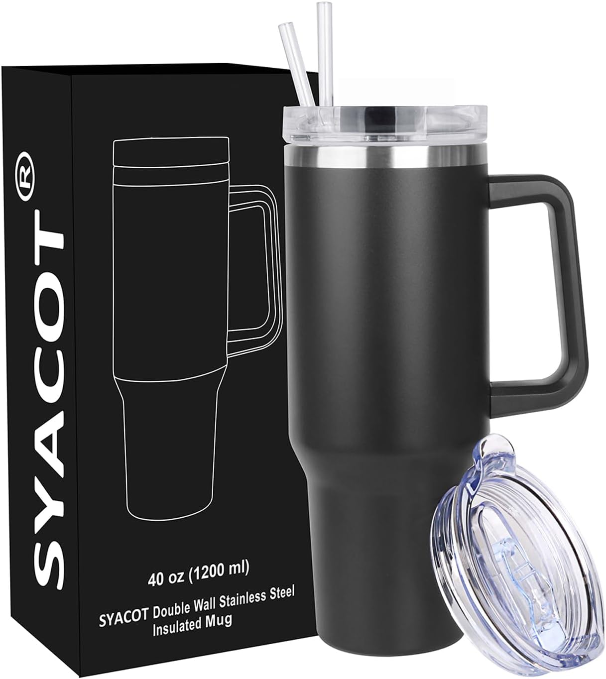 40 oz Tumbler with Handle and Straw Stainless Steel Insulated Tumbler Leak Proof Lid and Straw Lid Reusable Travel Mug Coffee Mug Cup Dishwasher Safe Keep Drinks Cold and Hot (Ceramics)