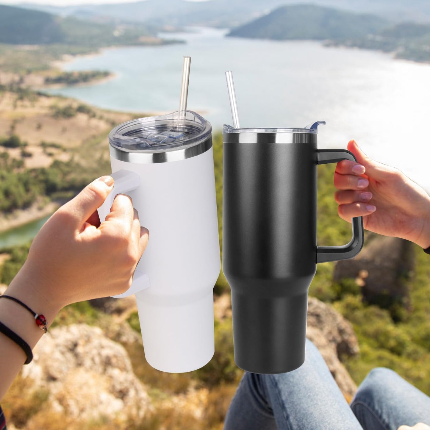 40 oz Tumbler with Handle and Straw Stainless Steel Insulated Tumbler Leak Proof Lid and Straw Lid Reusable Travel Mug Coffee Mug Cup Dishwasher Safe Keep Drinks Cold and Hot (Ceramics)