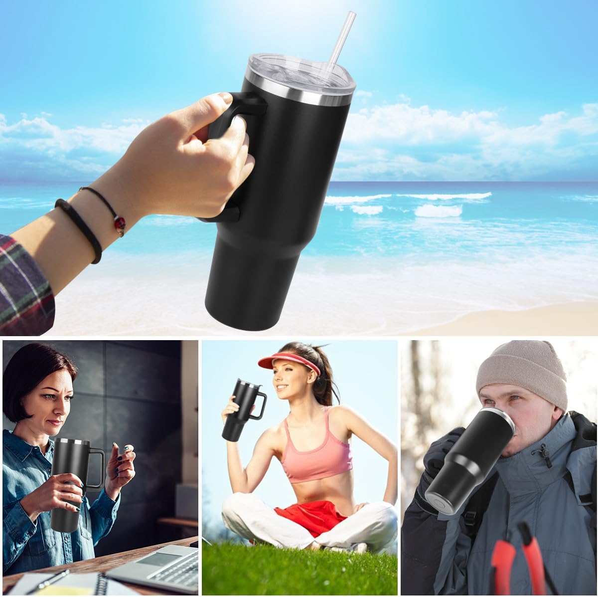 40 oz Tumbler with Handle and Straw Stainless Steel Insulated Tumbler Leak Proof Lid and Straw Lid Reusable Travel Mug Coffee Mug Cup Dishwasher Safe Keep Drinks Cold and Hot (Ceramics)