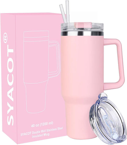 40 oz Tumbler with Handle and Straw Stainless Steel Insulated Tumbler Leak Proof Lid and Straw Lid Reusable Travel Mug Coffee Mug Cup Dishwasher Safe Keep Drinks Cold and Hot (Ceramics)