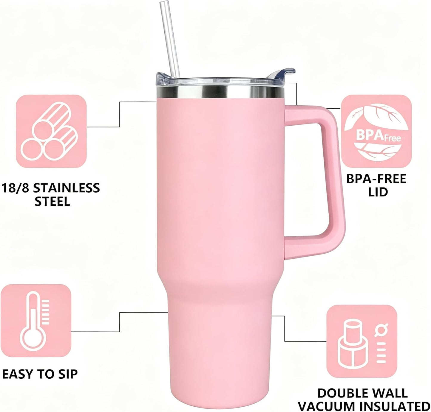 40 oz Tumbler with Handle and Straw Stainless Steel Insulated Tumbler Leak Proof Lid and Straw Lid Reusable Travel Mug Coffee Mug Cup Dishwasher Safe Keep Drinks Cold and Hot (Ceramics)
