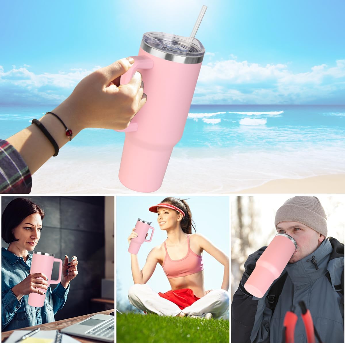 40 oz Tumbler with Handle and Straw Stainless Steel Insulated Tumbler Leak Proof Lid and Straw Lid Reusable Travel Mug Coffee Mug Cup Dishwasher Safe Keep Drinks Cold and Hot (Ceramics)