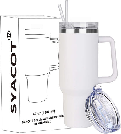 40 oz Tumbler with Handle and Straw Stainless Steel Insulated Tumbler Leak Proof Lid and Straw Lid Reusable Travel Mug Coffee Mug Cup Dishwasher Safe Keep Drinks Cold and Hot (Ceramics)