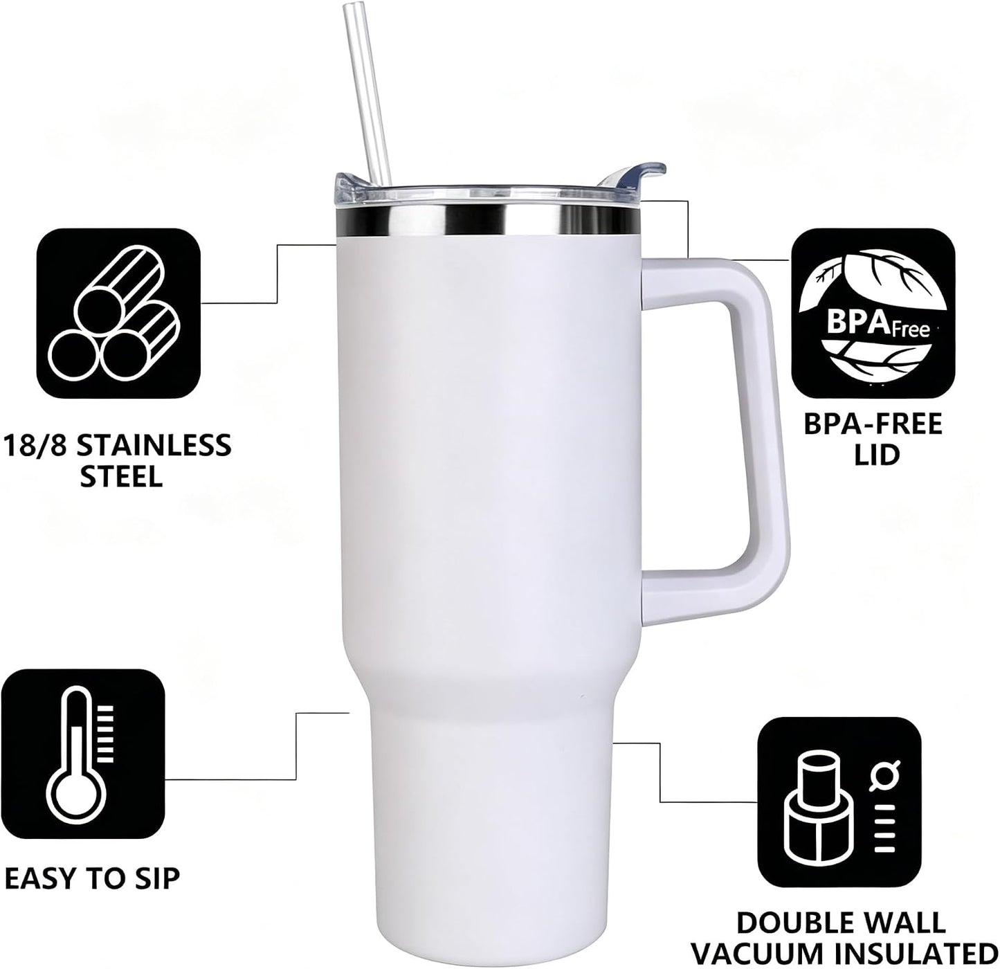 40 oz Tumbler with Handle and Straw Stainless Steel Insulated Tumbler Leak Proof Lid and Straw Lid Reusable Travel Mug Coffee Mug Cup Dishwasher Safe Keep Drinks Cold and Hot (Ceramics)