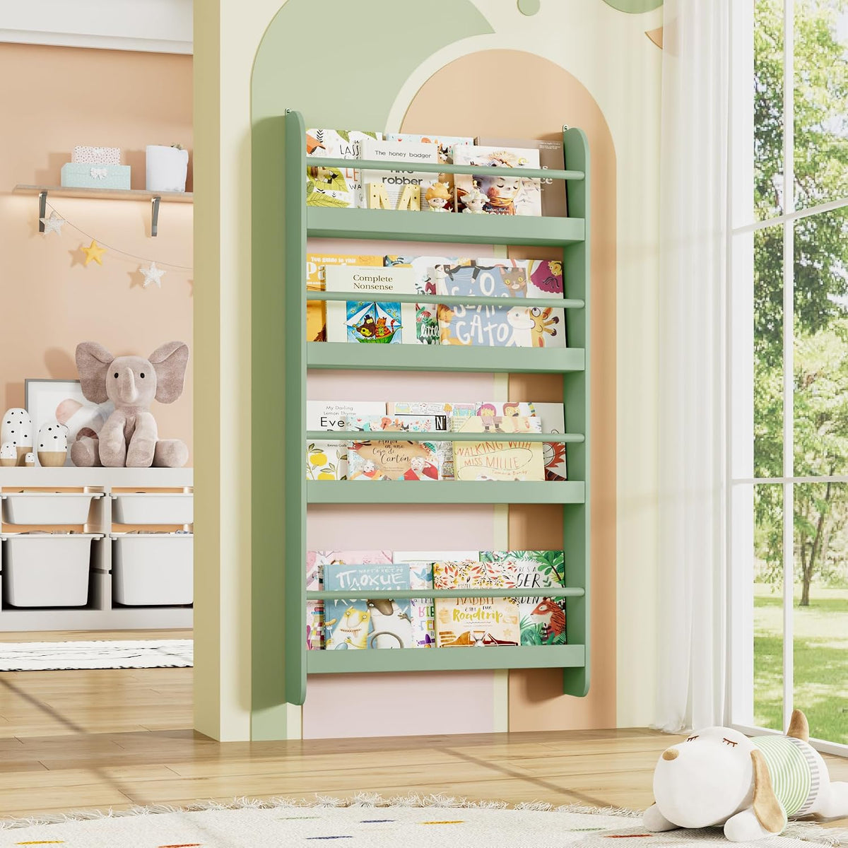Kids Bookshelf, 4-Tier Wall Mount Book Shelf for Kids Rooms