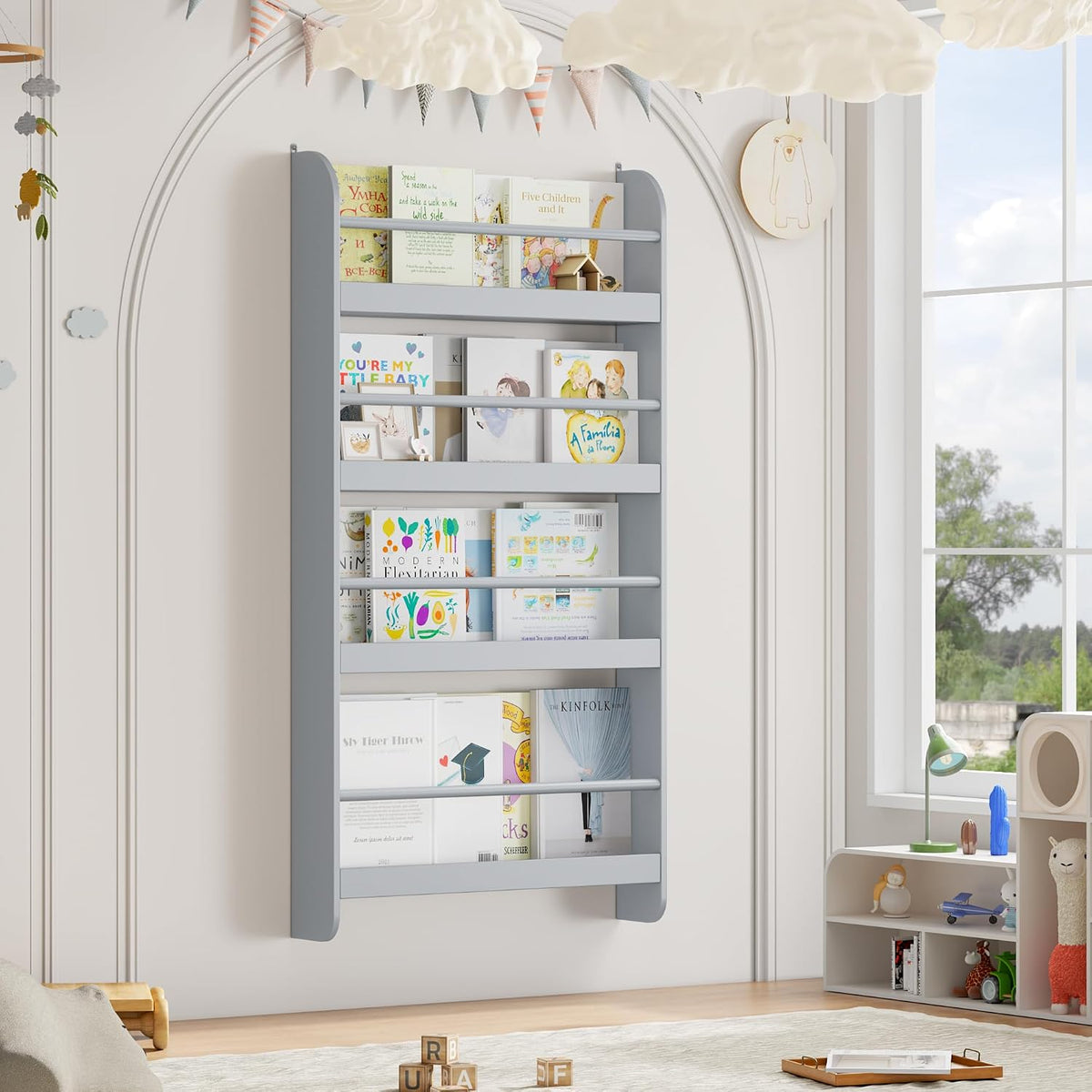 Kids Bookshelf, 4-Tier Wall Mount Book Shelf for Kids Rooms