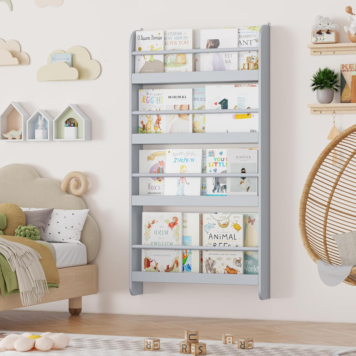 Kids Bookshelf, 4-Tier Wall Mount Book Shelf for Kids Rooms