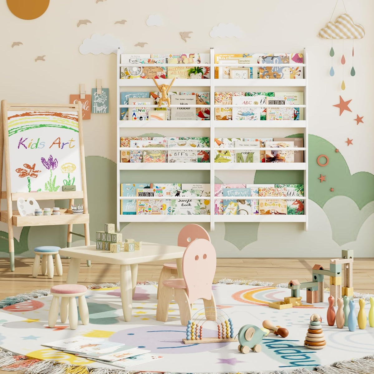 Kids Bookshelf, 4-Tier Wall Mount Book Shelf for Kids Rooms