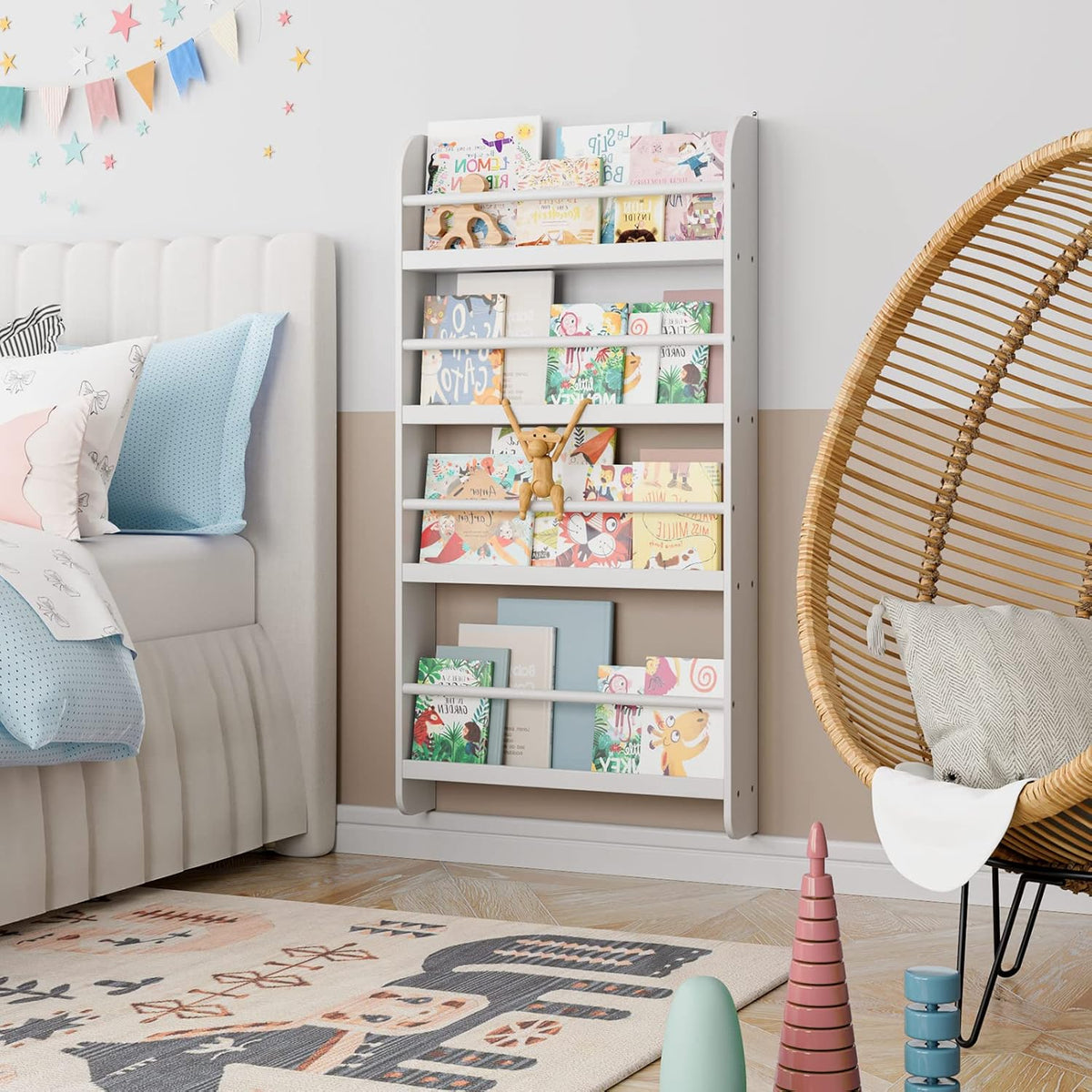 Kids Bookshelf, 4-Tier Wall Mount Book Shelf for Kids Rooms
