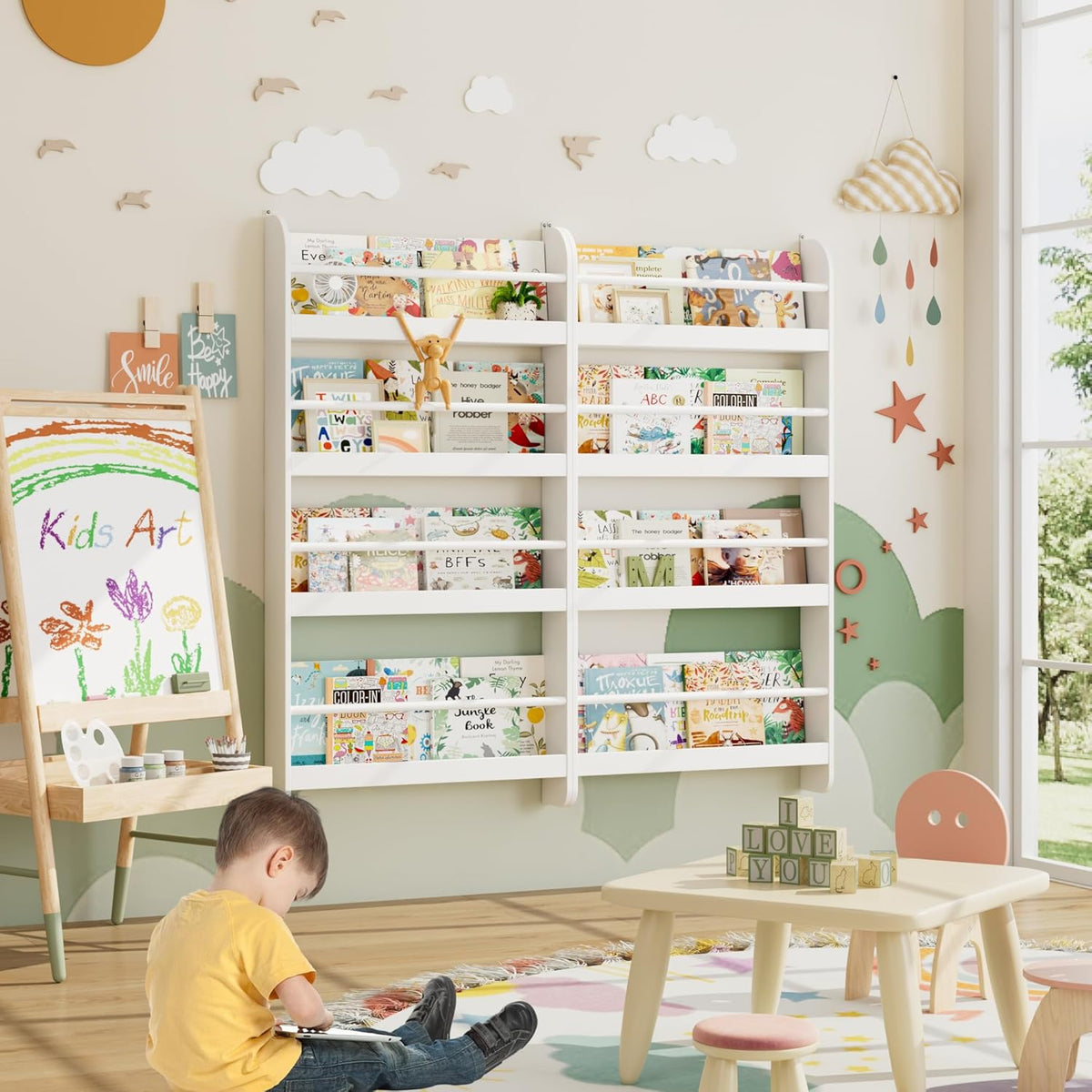 Kids Bookshelf, 4-Tier Wall Mount Book Shelf for Kids Rooms