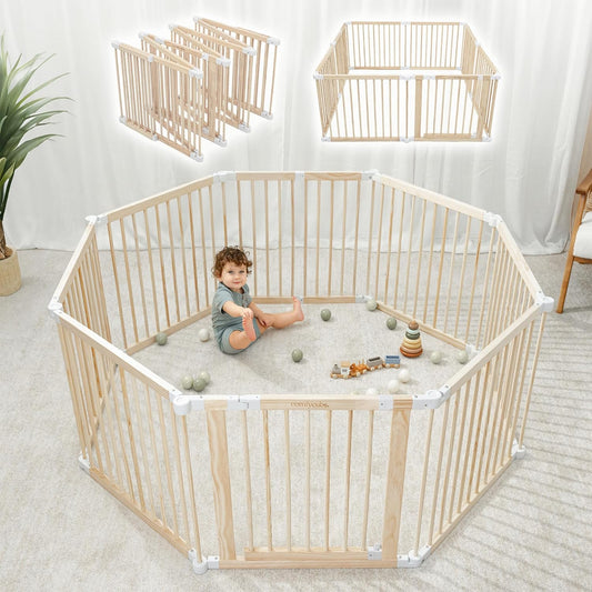Baby Gate Playpen 57x57x25in - Foldable Playpen Light Wood White