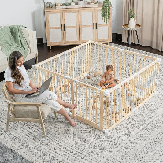 Baby Gate Playpen 57x57x25in - Foldable Playpen Light Wood White