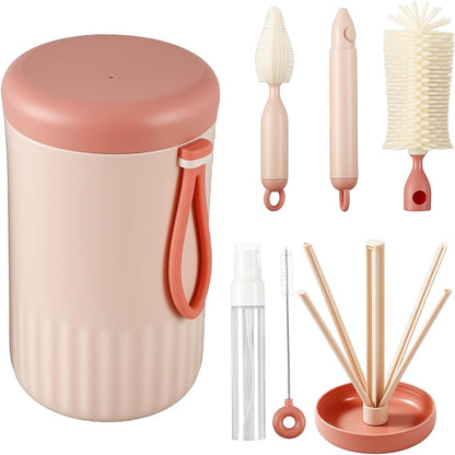 Portable Baby Bottle Cleaning Set, 6-in-1 Travel Bottle Brush and Drying Rack Kit for Infant Feeding, Breast Pump Parts, and Sippy Cups, Compact Storage Case for Travel and On-the-Go