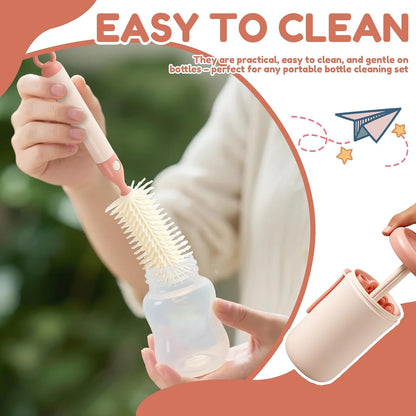 Portable Baby Bottle Cleaning Set, 6-in-1 Travel Bottle Brush and Drying Rack Kit for Infant Feeding, Breast Pump Parts, and Sippy Cups, Compact Storage Case for Travel and On-the-Go