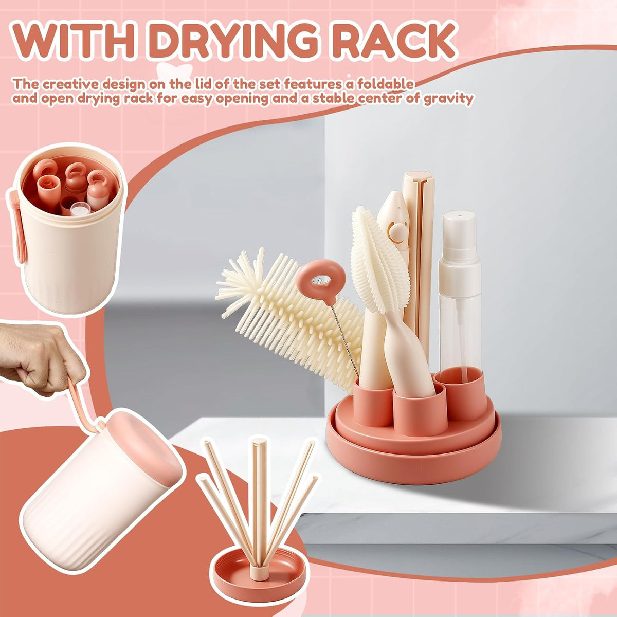 Portable Baby Bottle Cleaning Set, 6-in-1 Travel Bottle Brush and Drying Rack Kit for Infant Feeding, Breast Pump Parts, and Sippy Cups, Compact Storage Case for Travel and On-the-Go