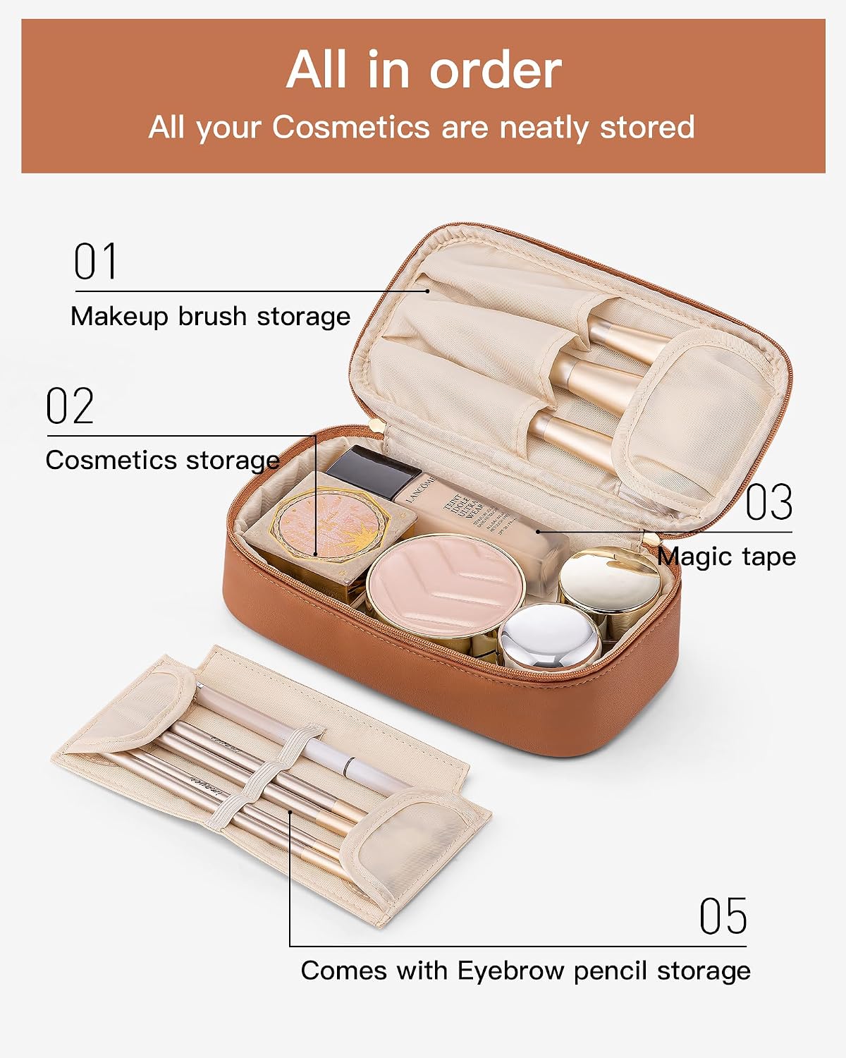 Makeup Bag for Toiletries with Separate Brush Storage,Apricot Pink