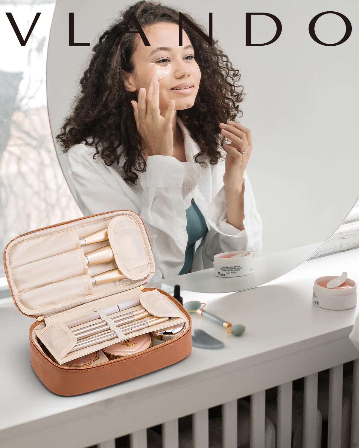 Makeup Bag for Toiletries with Separate Brush Storage,Apricot Pink