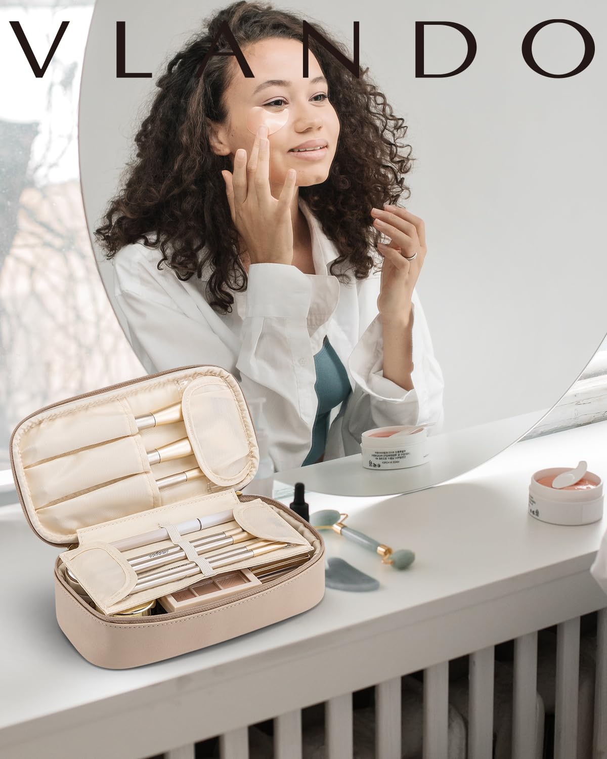 Makeup Bag for Toiletries with Separate Brush Storage,Apricot Pink