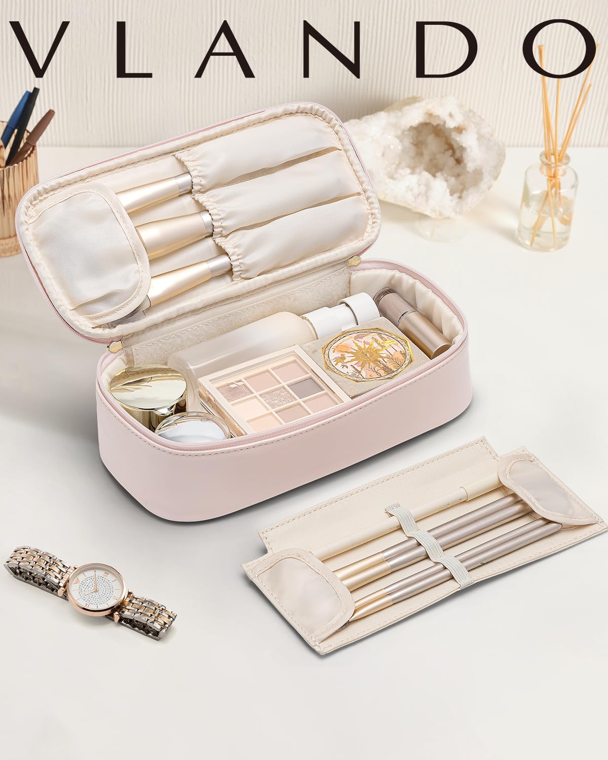 Makeup Bag for Toiletries with Separate Brush Storage,Apricot Pink