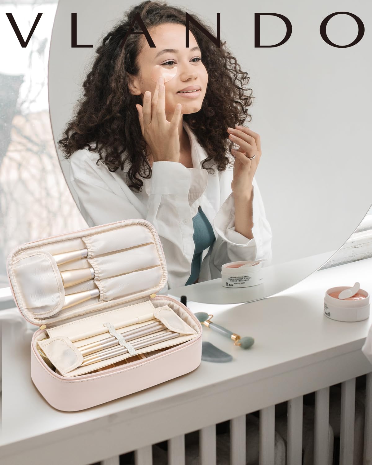 Makeup Bag for Toiletries with Separate Brush Storage,Apricot Pink