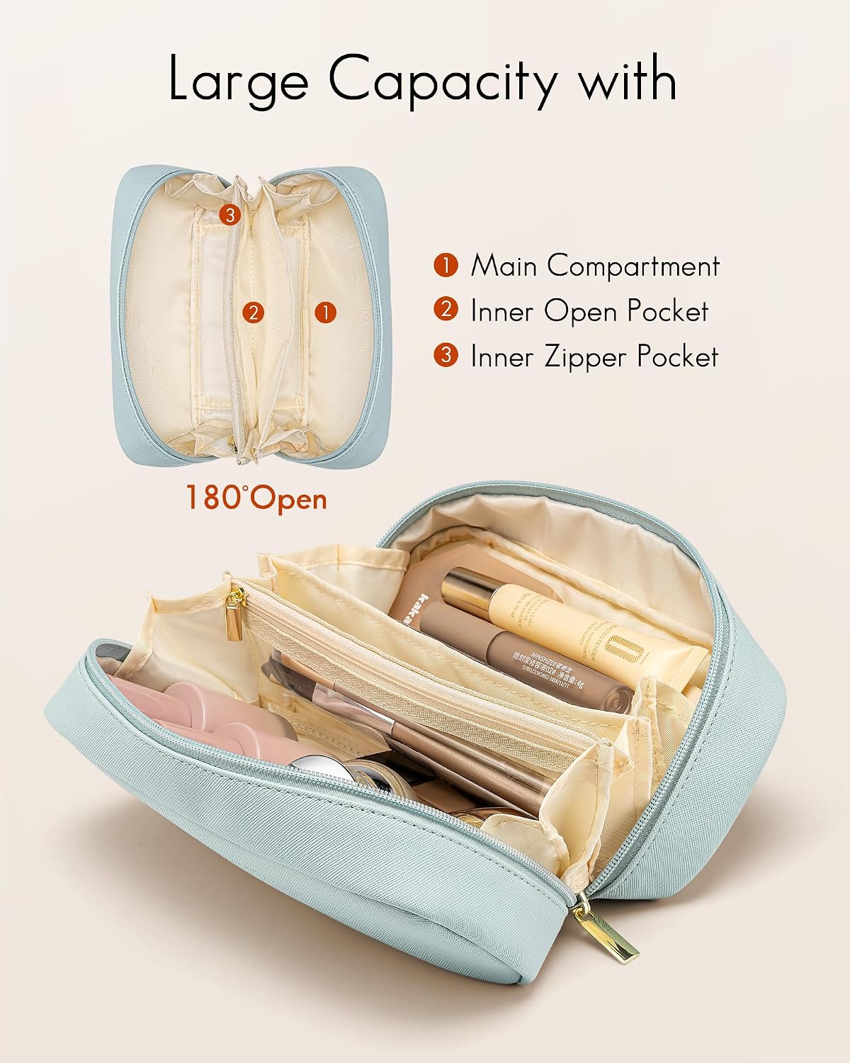 Makeup Bag for Toiletries with Separate Brush Storage,Apricot Pink