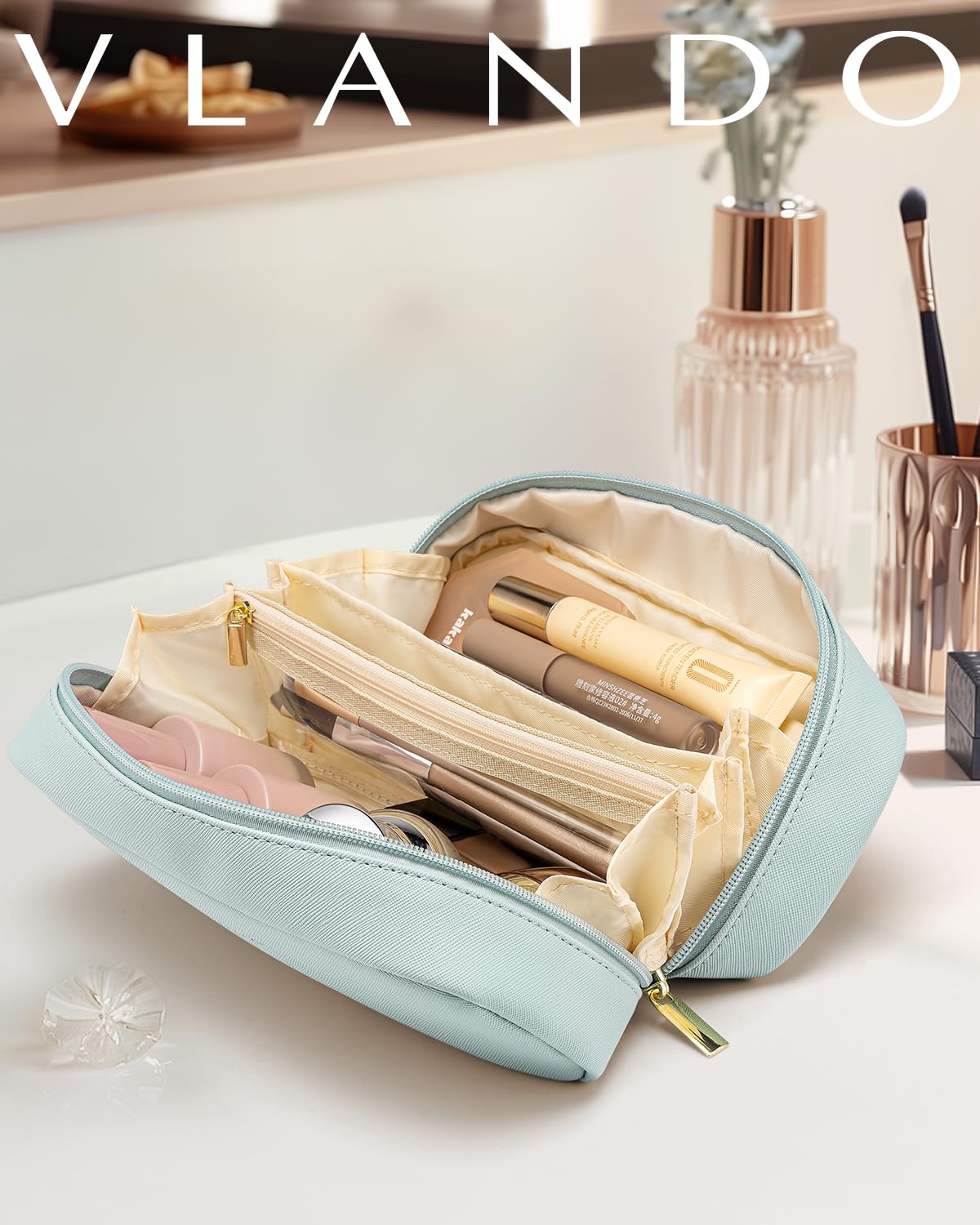 Makeup Bag for Toiletries with Separate Brush Storage,Apricot Pink