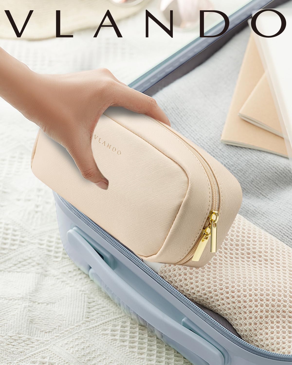 Makeup Bag for Toiletries with Separate Brush Storage,Apricot Pink