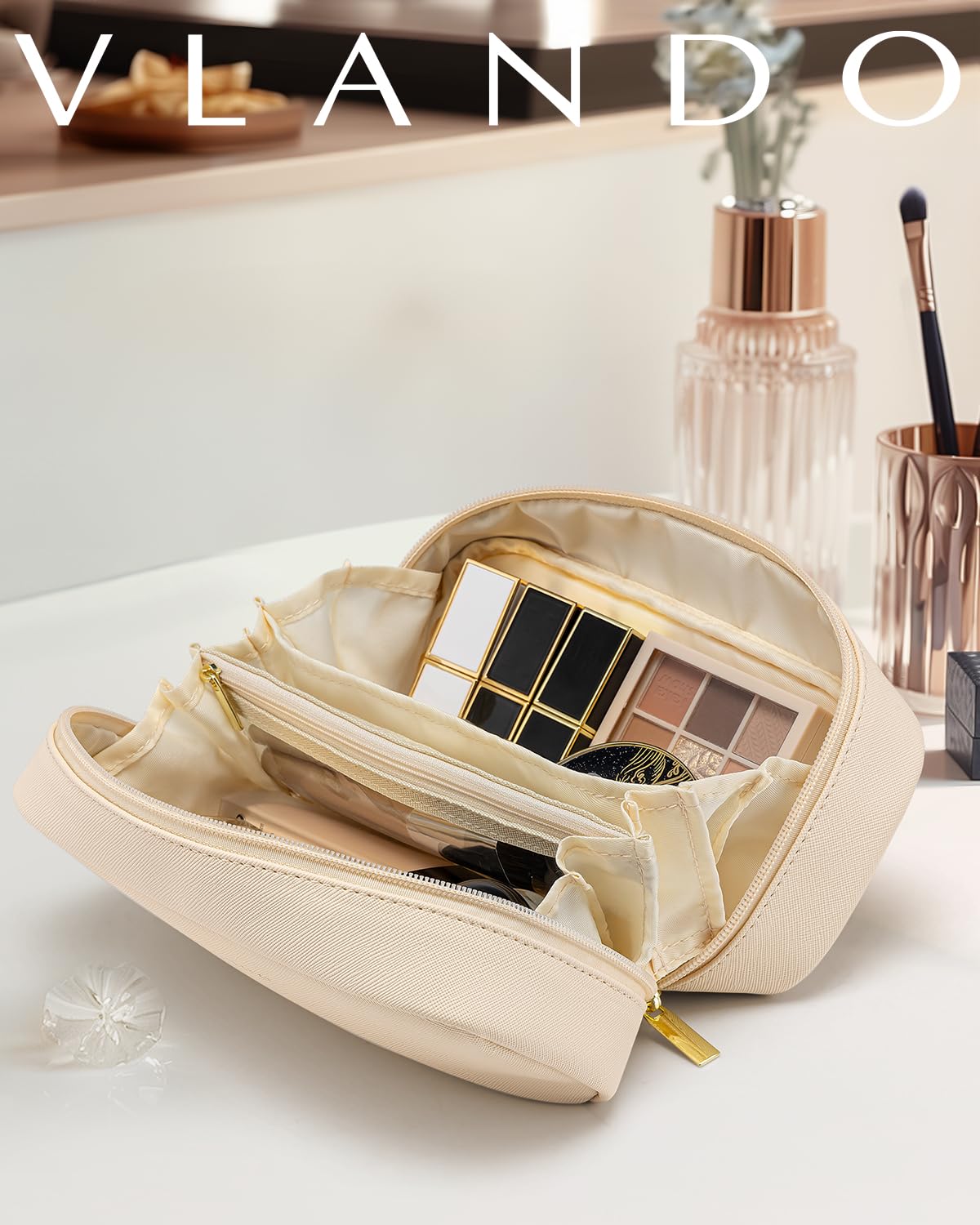 Makeup Bag for Toiletries with Separate Brush Storage,Apricot Pink