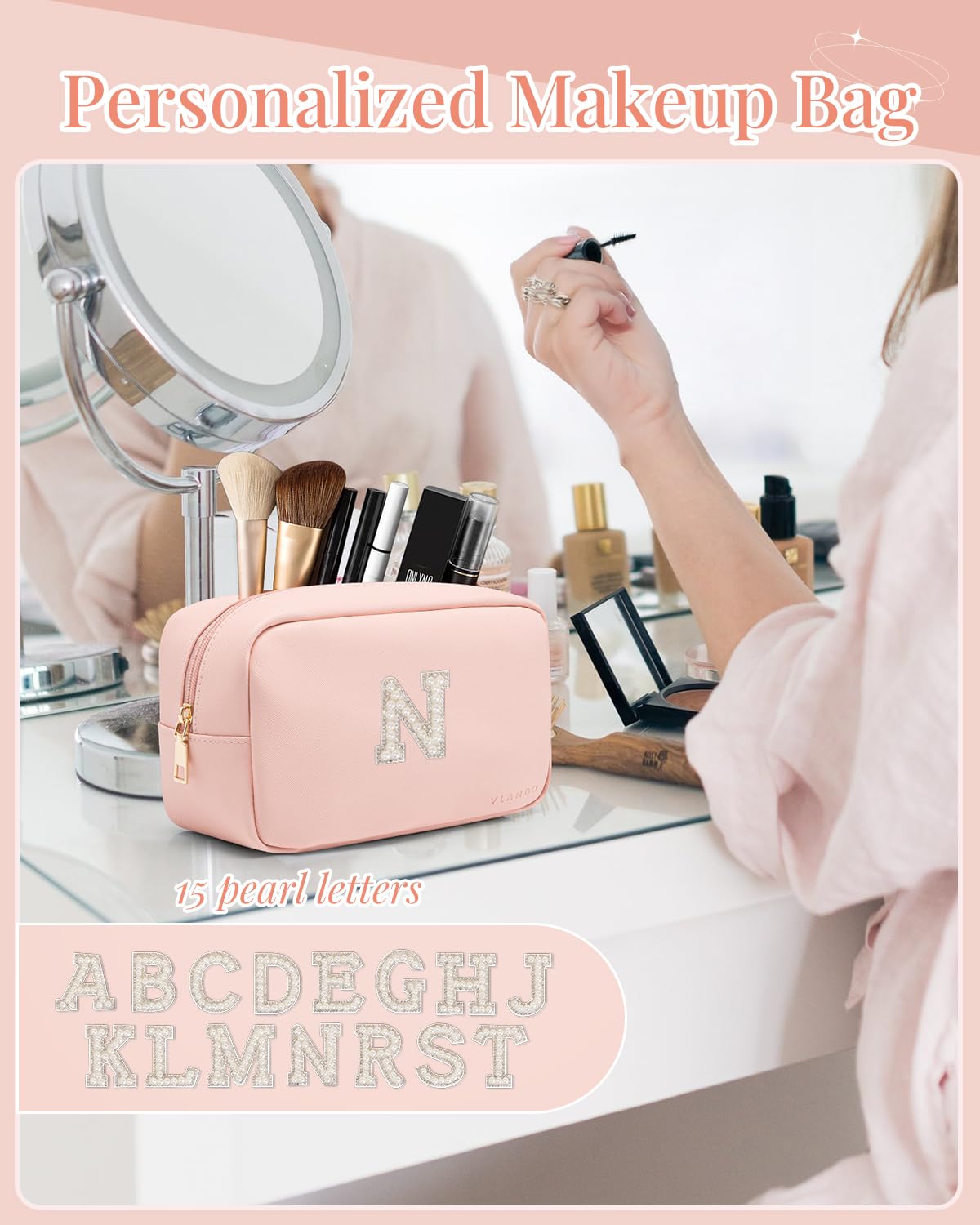 Makeup Bag for Toiletries with Separate Brush Storage,Apricot Pink
