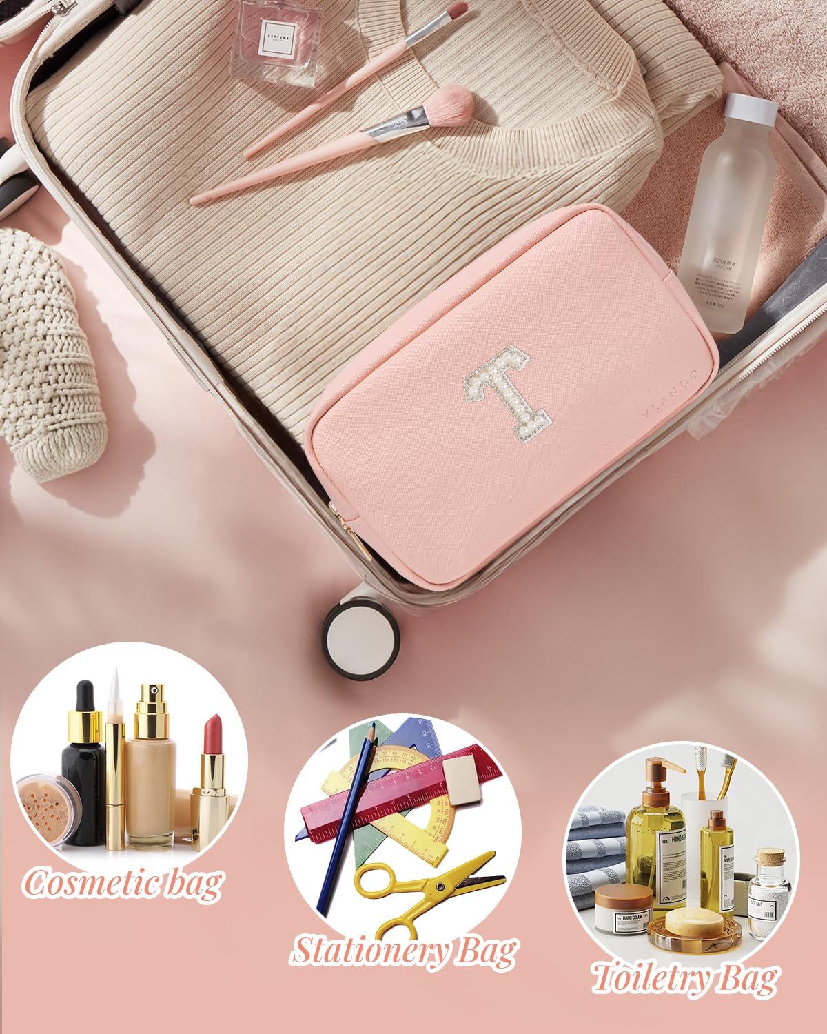 Makeup Bag for Toiletries with Separate Brush Storage,Apricot Pink