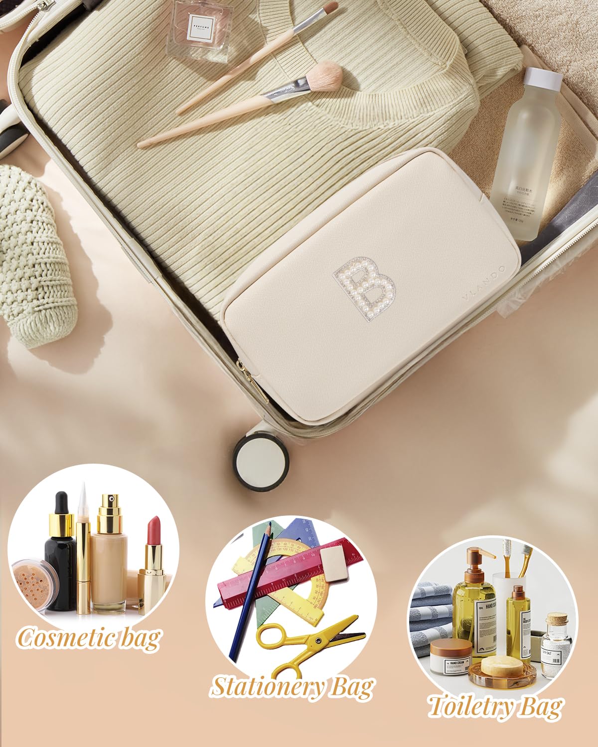 Makeup Bag for Toiletries with Separate Brush Storage,Apricot Pink