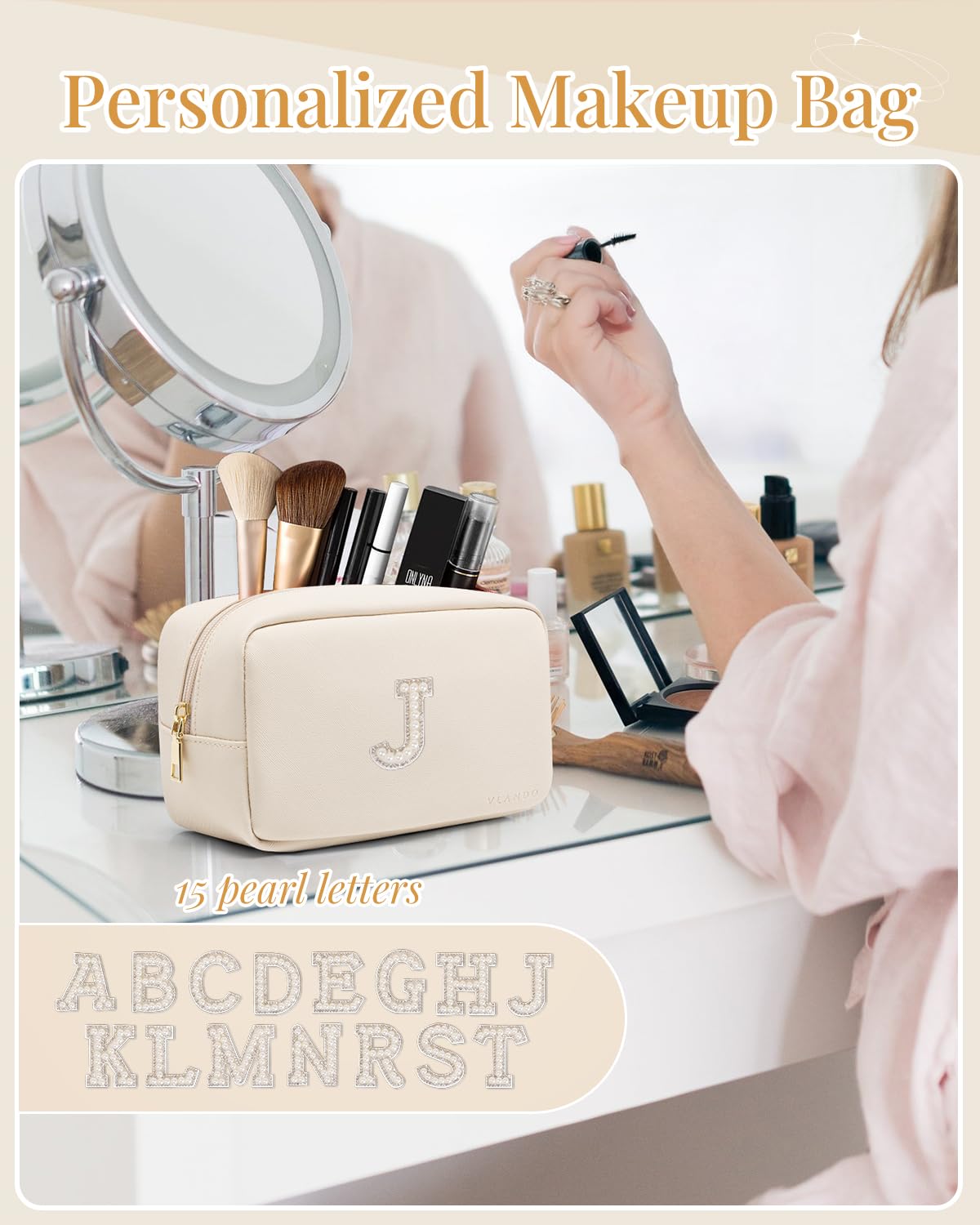 Makeup Bag for Toiletries with Separate Brush Storage,Apricot Pink