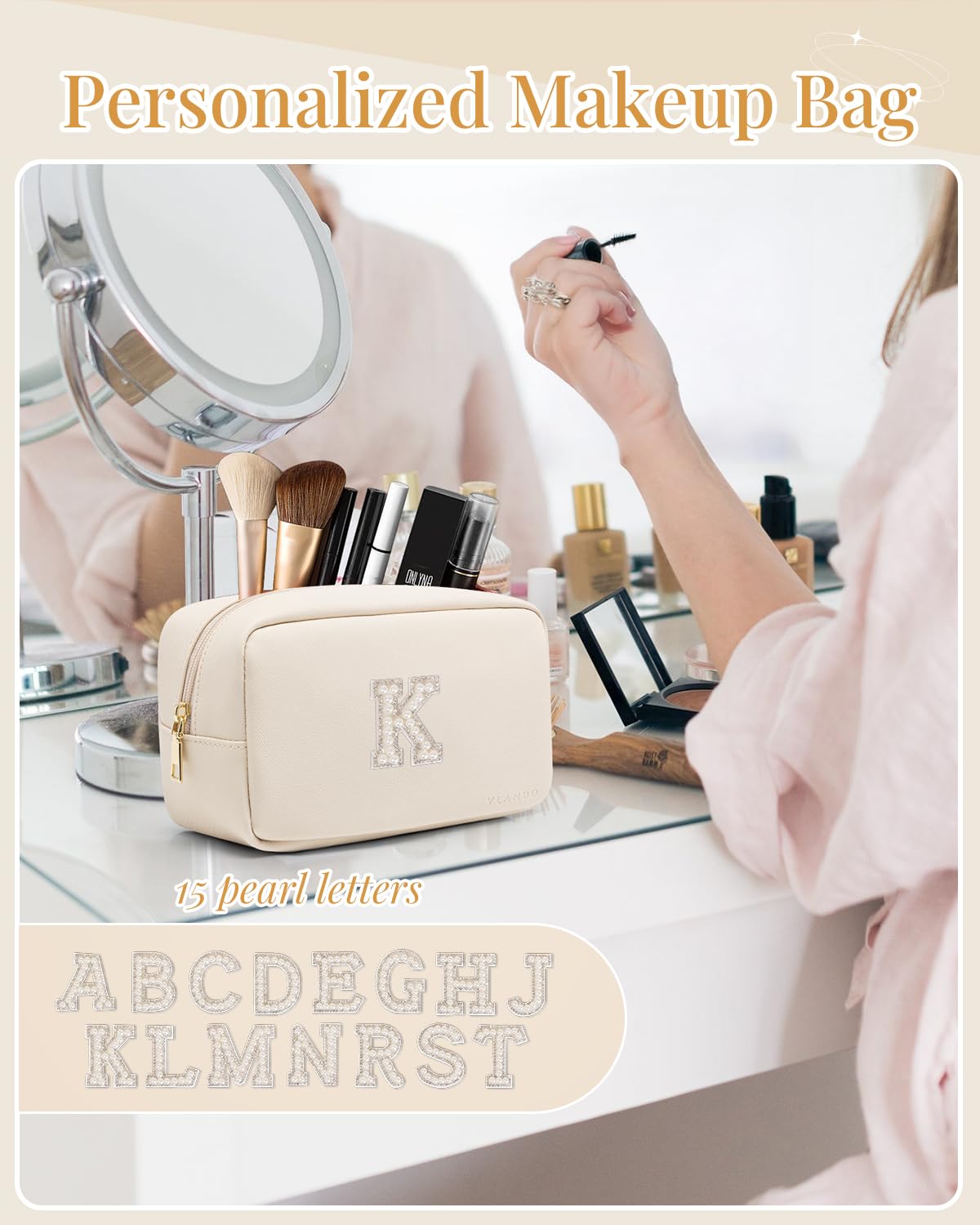 Makeup Bag for Toiletries with Separate Brush Storage,Apricot Pink