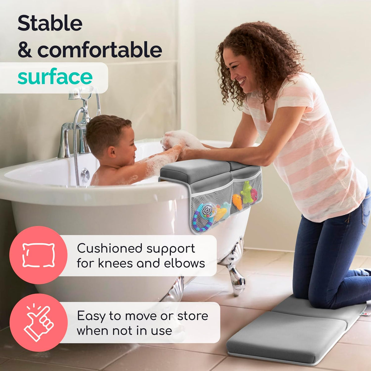 Baby Bath Kneeler and Elbow Rest Pad Set - Kneeling pad for Bathing Baby and Toddlers - Memory Foam Cushion - Holds Bath Accessories and Essentials - Comfort and Support for Your Knees
