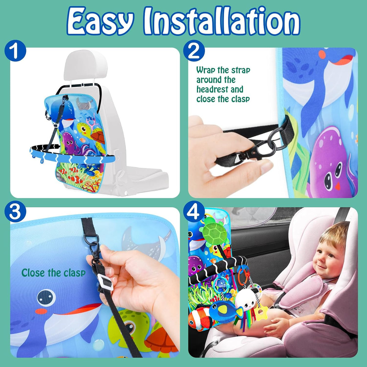 Baby Car Seat Ocean Animals Toys - Kick and Play Double Sided Infant Car Seat Toys with Plush Toys, Mirror, Teether for Baby Travel Activities, Christmas Birthday Gifts Newborn Infant Toy