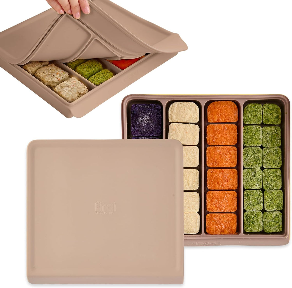 Silicone Baby Storage Container with Lid - 26oz 4 Compartment Stackable Meal Prep for Puree, Snacks, Kimbap & Sushi - Airtight, Microwave & Dishwasher Safe, Made in Korea, Brown
