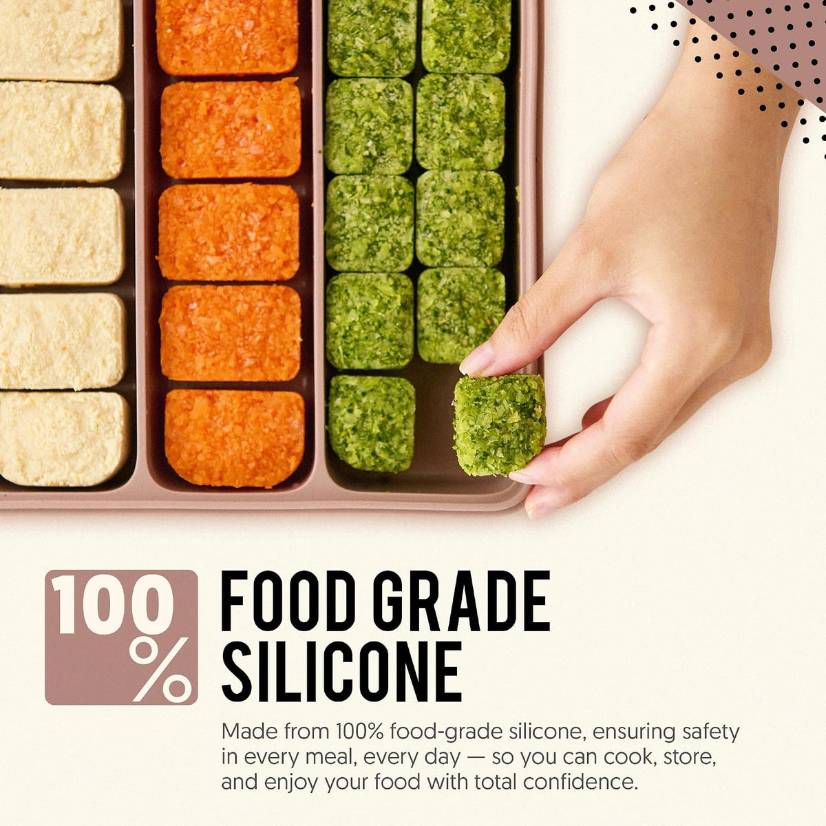 Silicone Baby Storage Container with Lid - 26oz 4 Compartment Stackable Meal Prep for Puree, Snacks, Kimbap & Sushi - Airtight, Microwave & Dishwasher Safe, Made in Korea, Brown