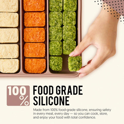 Silicone Baby Storage Container with Lid - 26oz 4 Compartment Stackable Meal Prep for Puree, Snacks, Kimbap & Sushi - Airtight, Microwave & Dishwasher Safe, Made in Korea, Brown