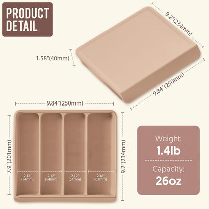 Silicone Baby Storage Container with Lid - 26oz 4 Compartment Stackable Meal Prep for Puree, Snacks, Kimbap & Sushi - Airtight, Microwave & Dishwasher Safe, Made in Korea, Brown